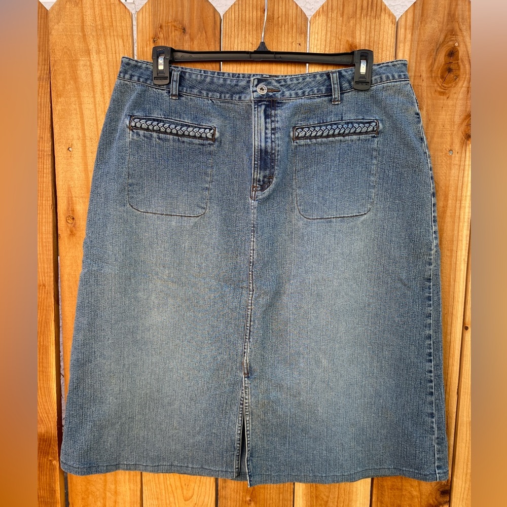 Riveted By Lee Denim Midi Skirt, Front Pockets, Front Slit– Blue-Size 18W